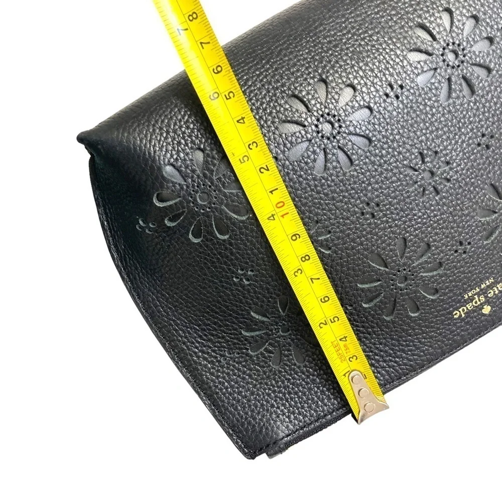 Kate spade black pebbled leather perforated clutch bag flowers floral